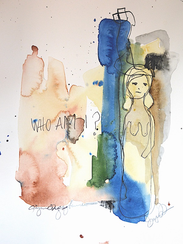 Kunst, akvarel, tekst, kvinde, blaa