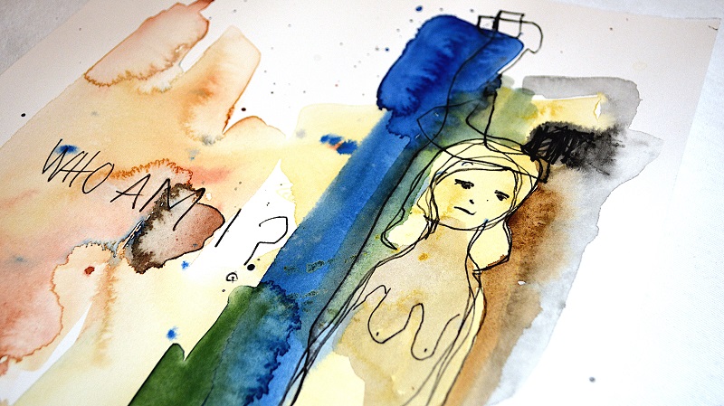 Kunst, akvarel, tekst, kvinde, blaa