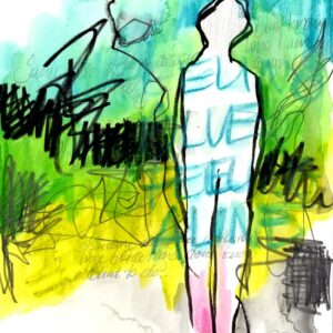 Whenindoubt, kunst, abstrakt, unika, akvarel, farvekridt, vandoploeselig, kul, stabiloall, menneske, figur, blyant, blaa, groen, gul, pink, sort, tekst, skrift, 800px