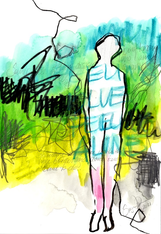 Whenindoubt, kunst, abstrakt, unika, akvarel, farvekridt, vandoploeselig, kul, stabiloall, menneske, figur, blyant, blaa, groen, gul, pink, sort, tekst, skrift, 800px